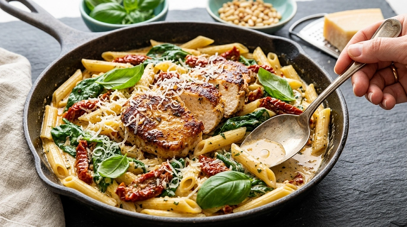 Krämig kycklingpasta med soltorkade tomater och spenat – Lyxig vardag - traditionellt Italienskt Middag recept, perfekt till vardagsmiddag